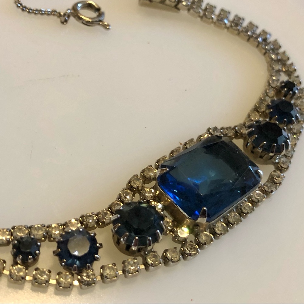 Vintage Blue Sapphire Color Clear Rhinestone Bracelet Safety Chain